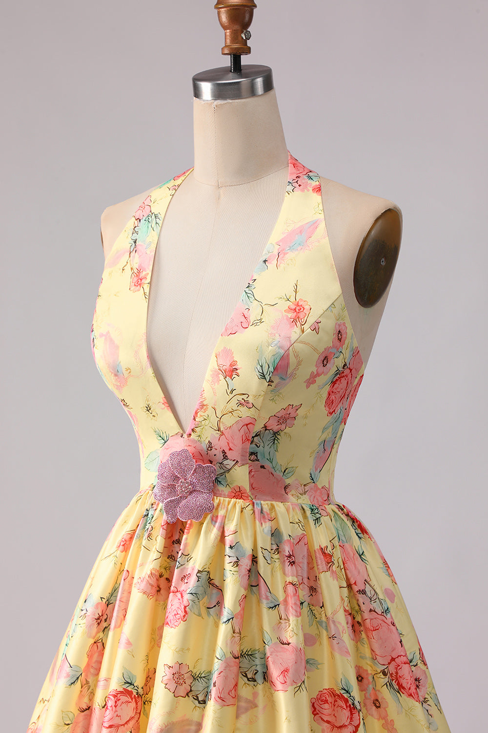 Yellow Pink Floral Deep V Neck A Line Open Back Long Prom Dress with Slit