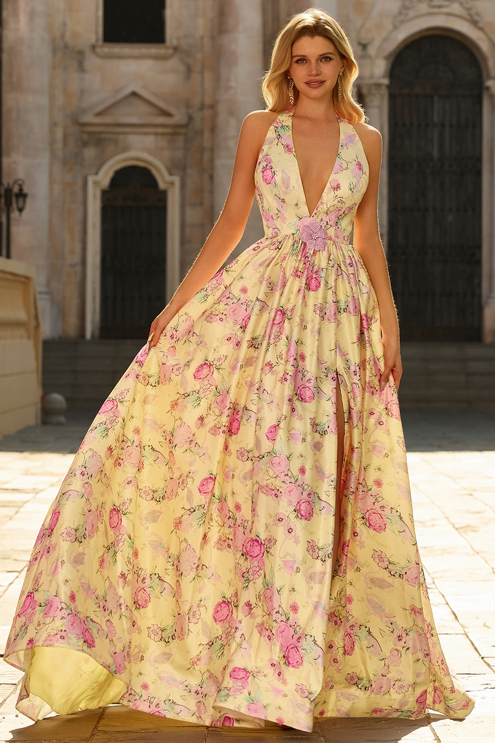 Yellow Pink Flowers A Line Deep V Neck Backless Long Prom Dress with Slit
