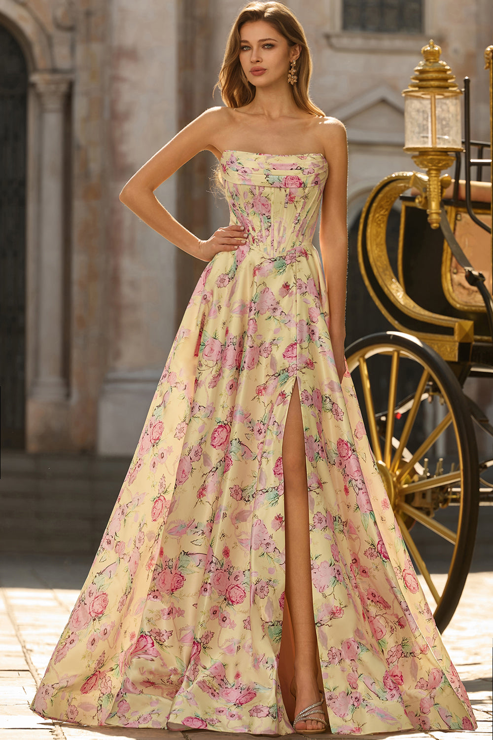 Yellow Pink Flowers A-Line Strapless Corset Backless Long Prom Dress with Slit