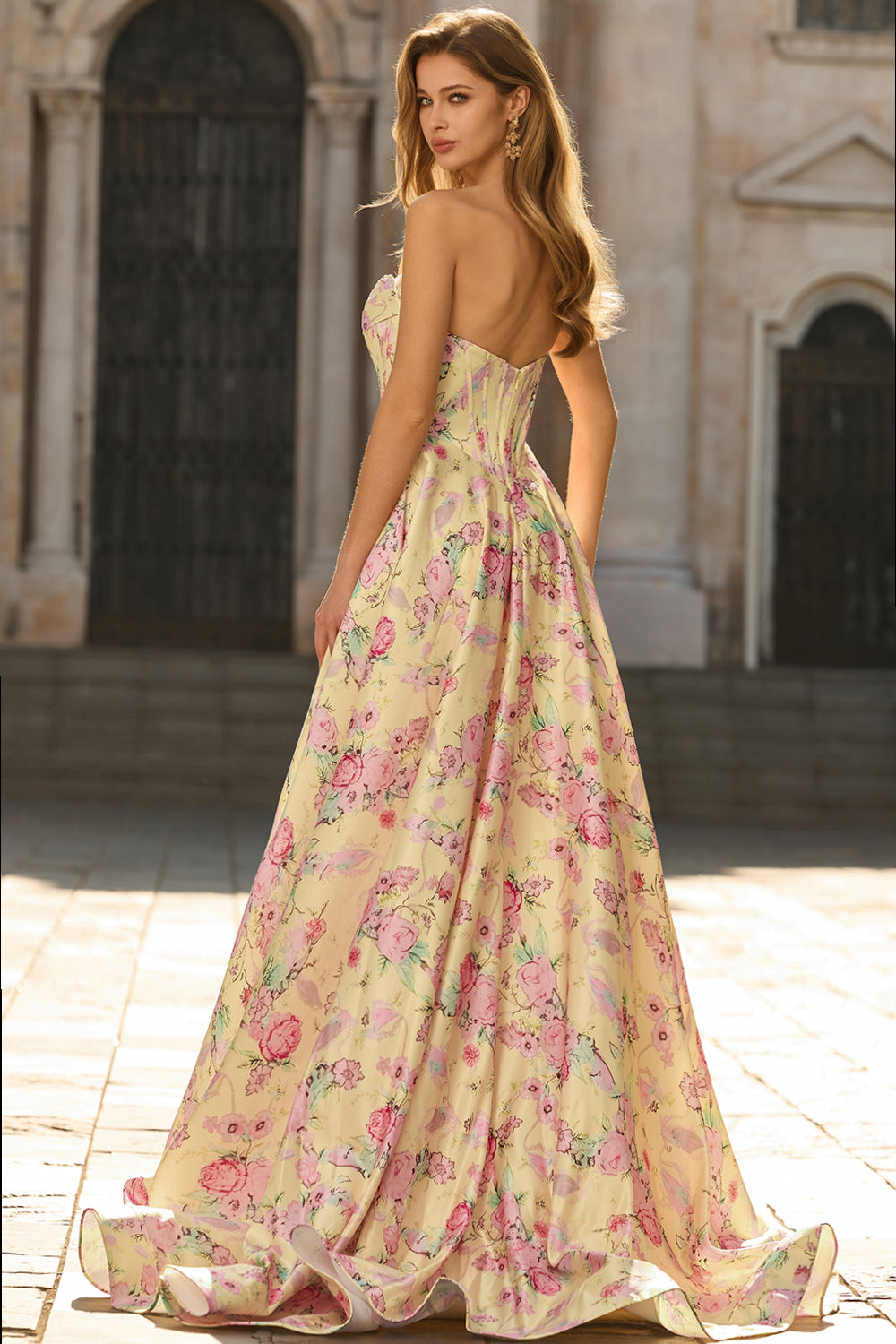 Yellow Pink Flowers A-Line Strapless Corset Backless Long Prom Dress with Slit