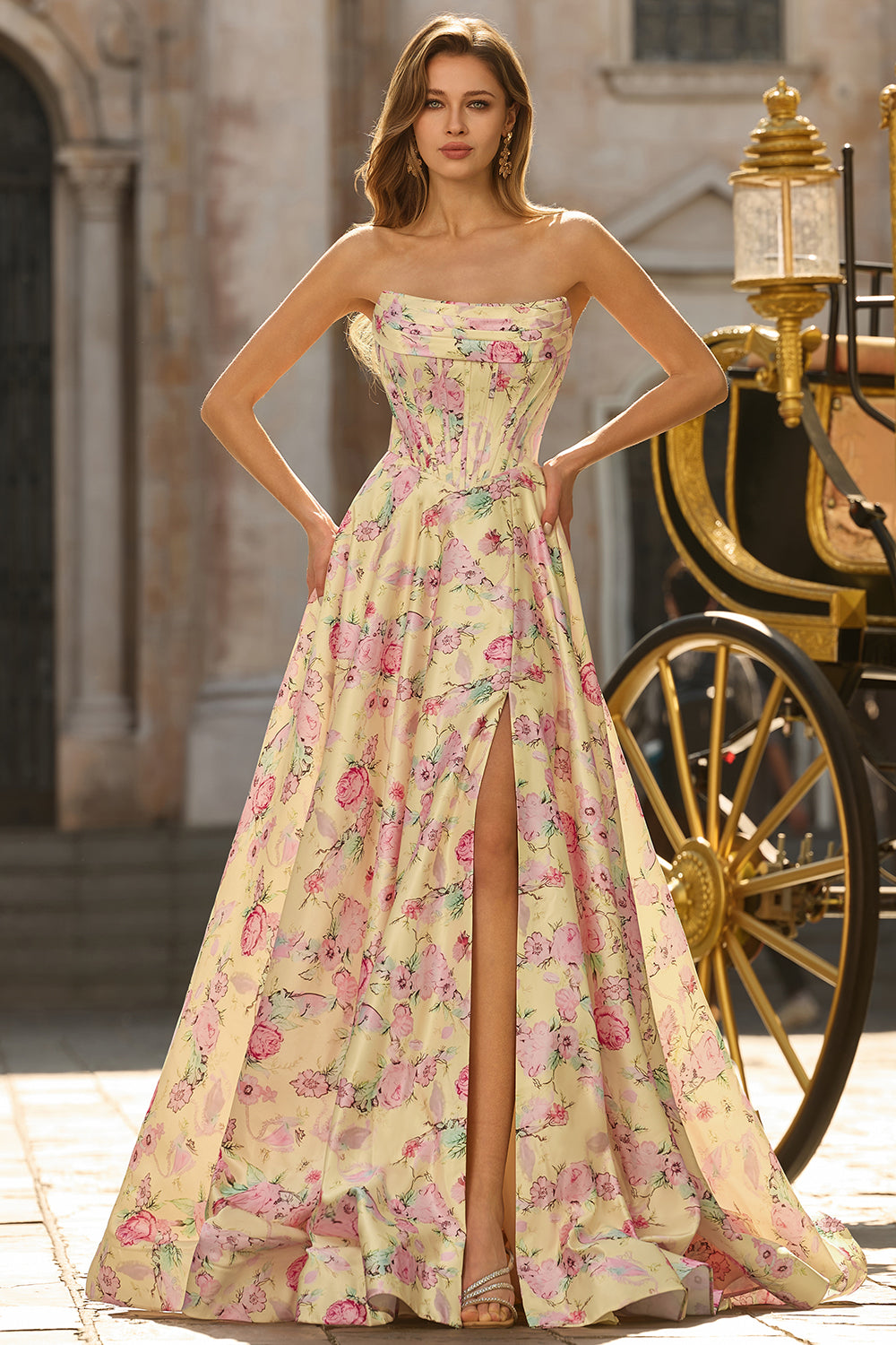 Yellow Pink Floral Deep V Neck A Line Open Back Long Prom Dress with Slit