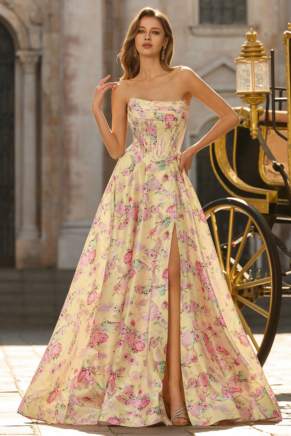 Yellow Pink Flowers A-Line Strapless Corset Backless Long Prom Dress with Slit