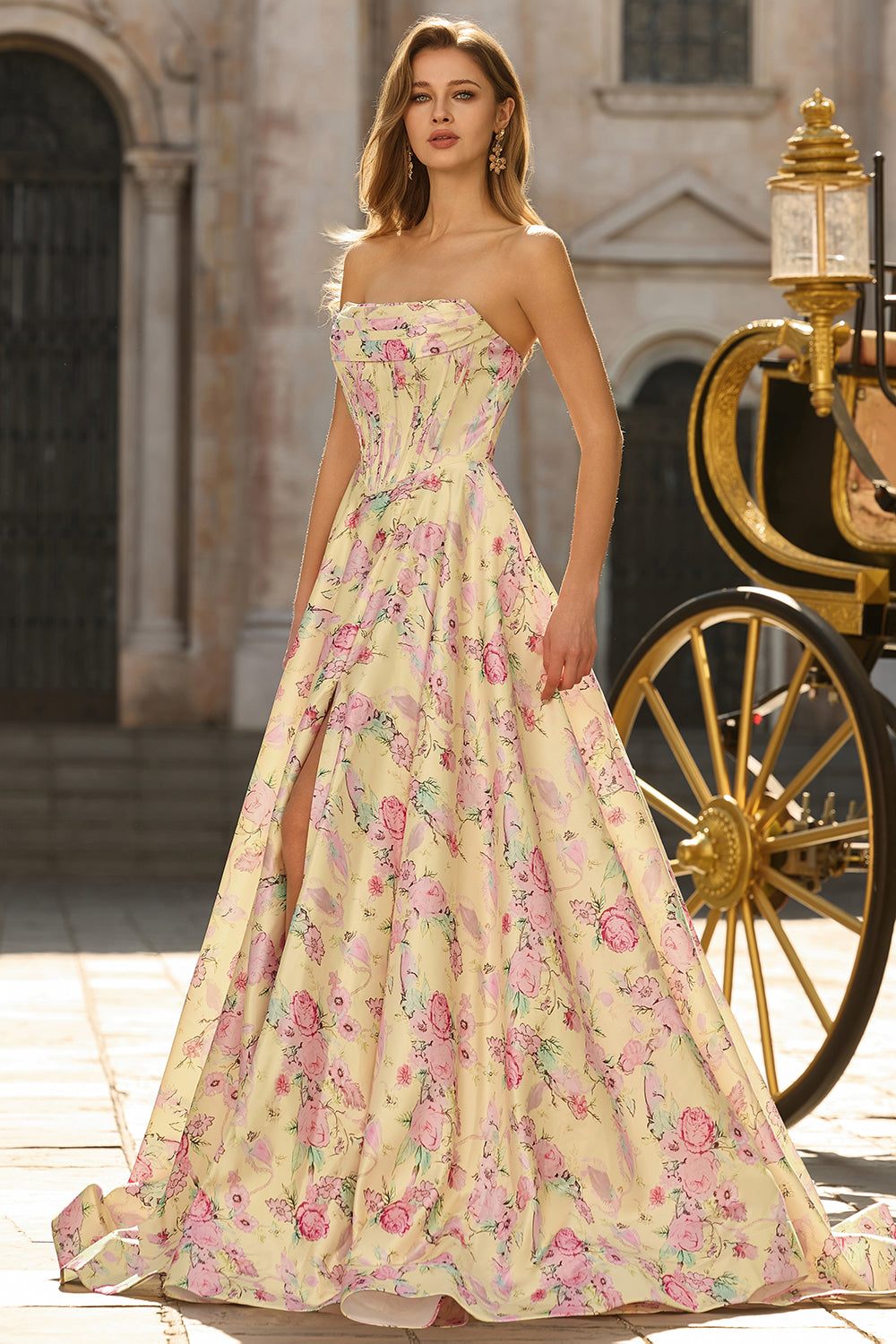 Yellow Pink Flowers A-Line Strapless Corset Backless Long Prom Dress with Slit