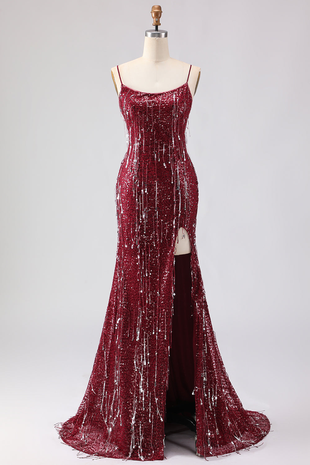 Robe de Bal Longue Sirène à Lacets Dos Nu Pailletée Rose Scintillante avec Fente
