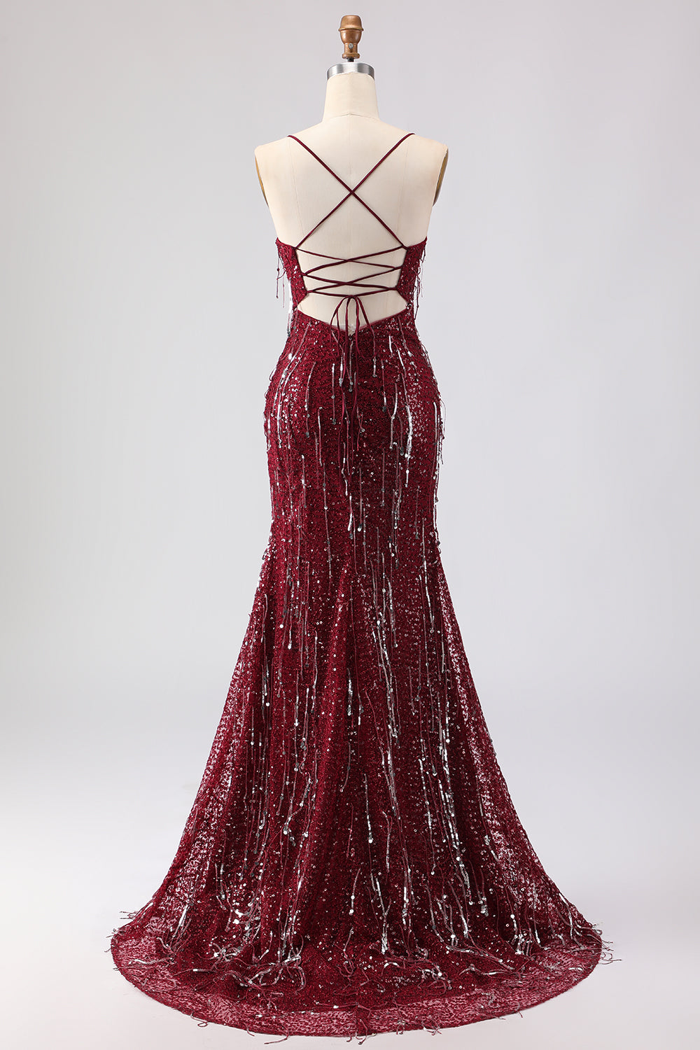 Sparkly Burgundy Mermaid Sequins Lace-Up Back Long Prom Dress with Slit