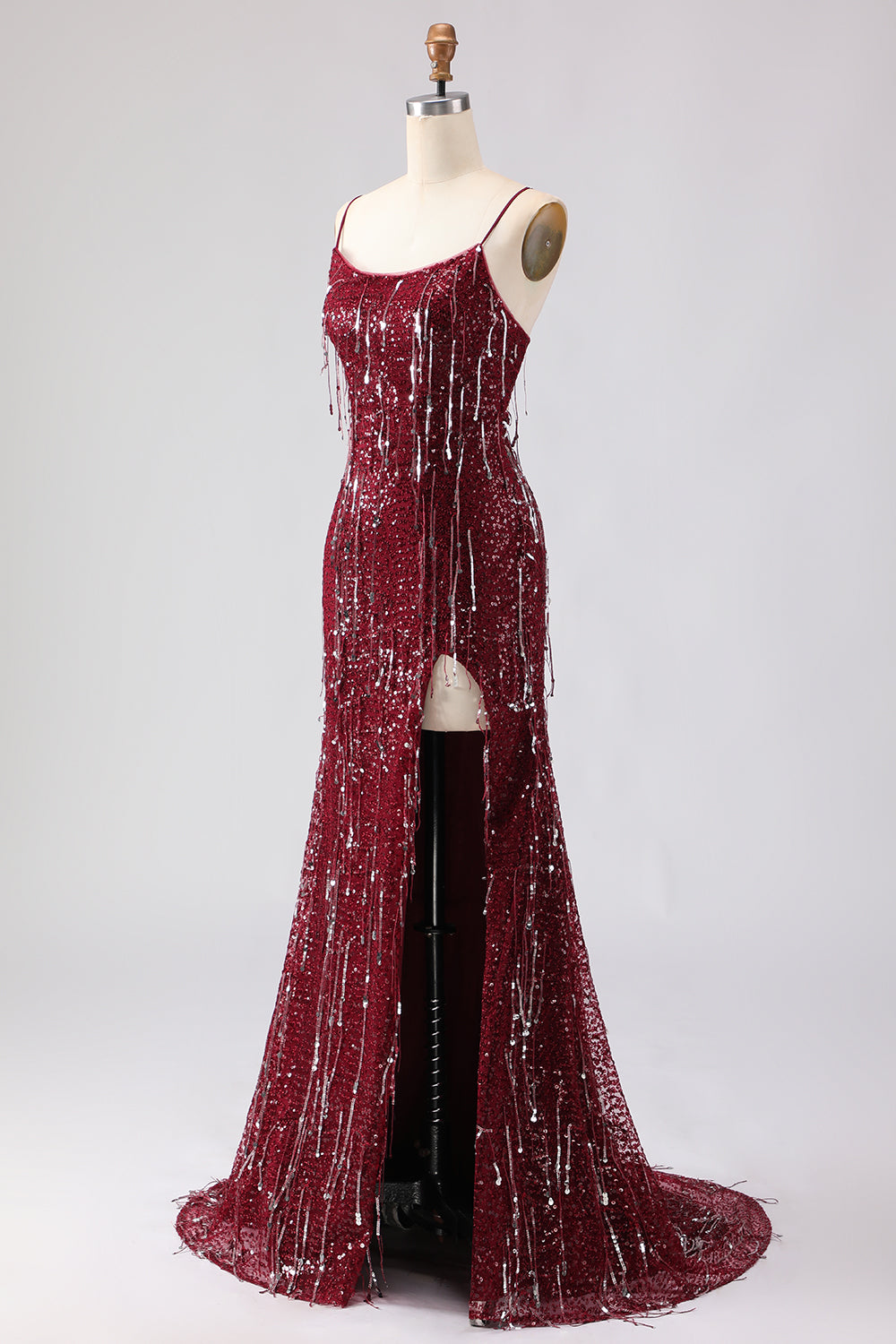Sparkly Burgundy Mermaid Sequins Lace-Up Back Long Prom Dress with Slit