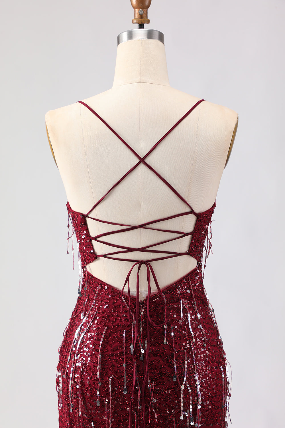 Robe de Bal Longue Sirène à Lacets Dos Nu Pailletée Rose Scintillante avec Fente