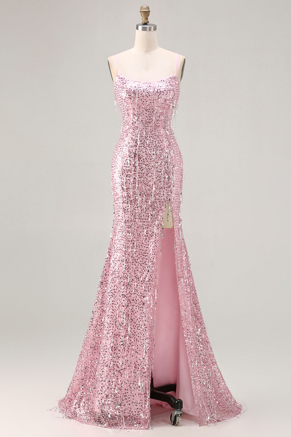 Robe de Bal Longue Sirène à Lacets Dos Nu Pailletée Rose Scintillante avec Fente