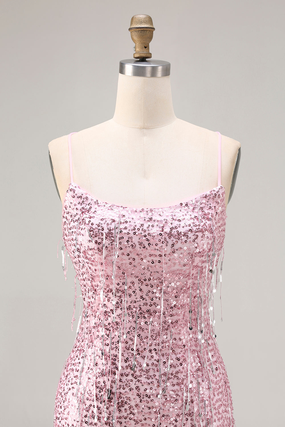 Robe de Bal Longue Sirène à Lacets Dos Nu Pailletée Rose Scintillante avec Fente