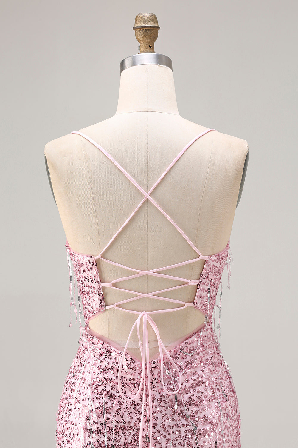 Robe de Bal Longue Sirène à Lacets Dos Nu Pailletée Rose Scintillante avec Fente