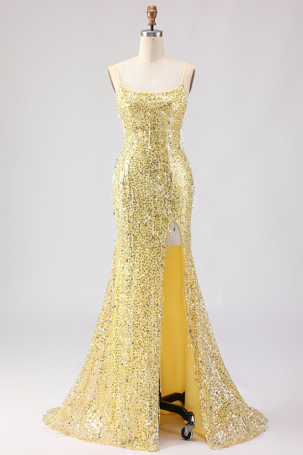 Robe de Bal Longue Sirène à Lacets Dos Nu Pailletée Rose Scintillante avec Fente