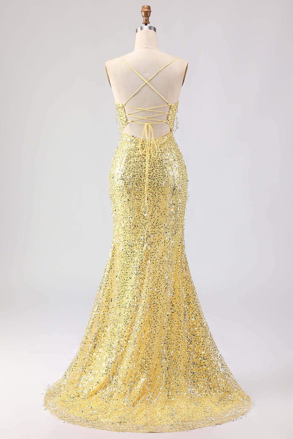 Robe de Bal Longue Sirène à Lacets Dos Nu Pailletée Rose Scintillante avec Fente