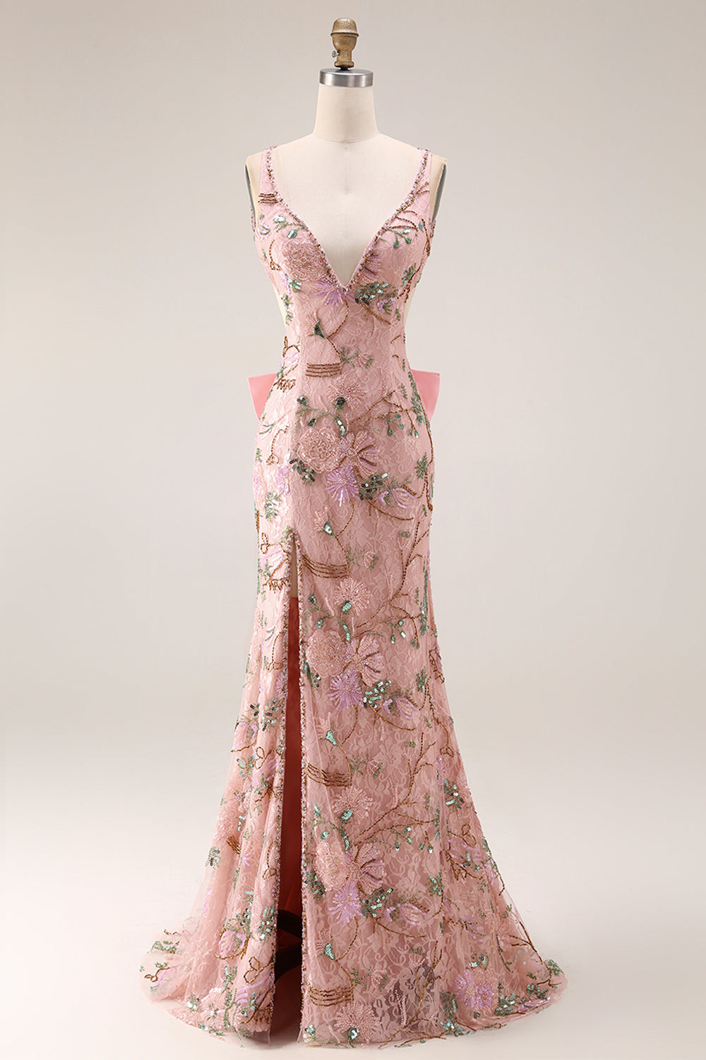 Fitted Beaded Open Back Sequins Long Floral Prom Dress with  Detachable Bow