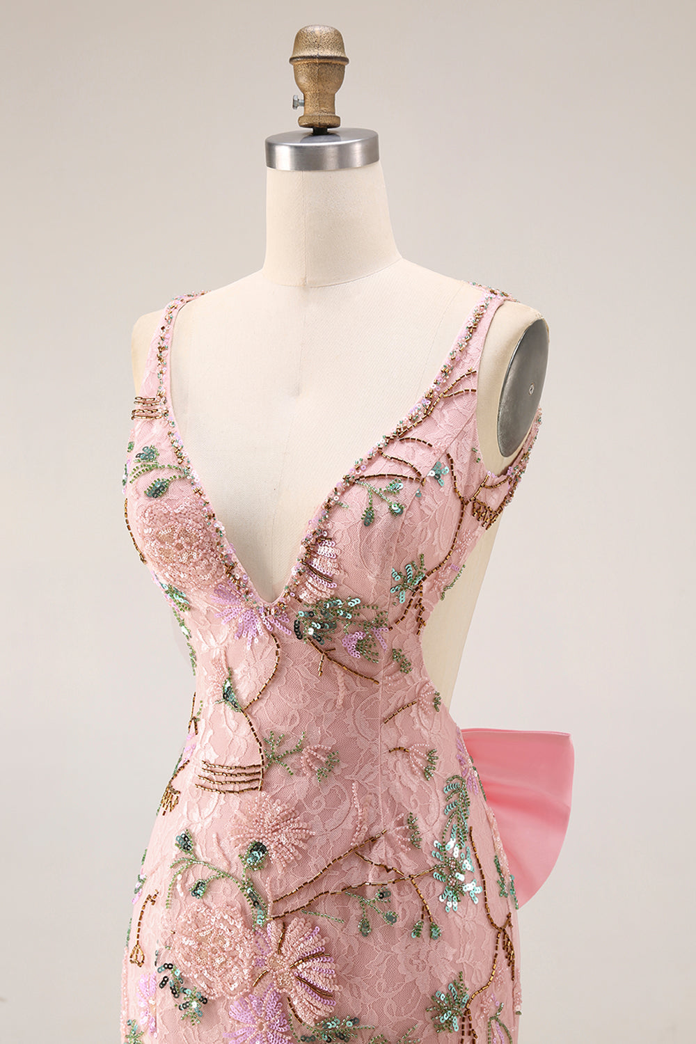 Fitted Beaded Open Back Sequins Long Floral Prom Dress with  Detachable Bow