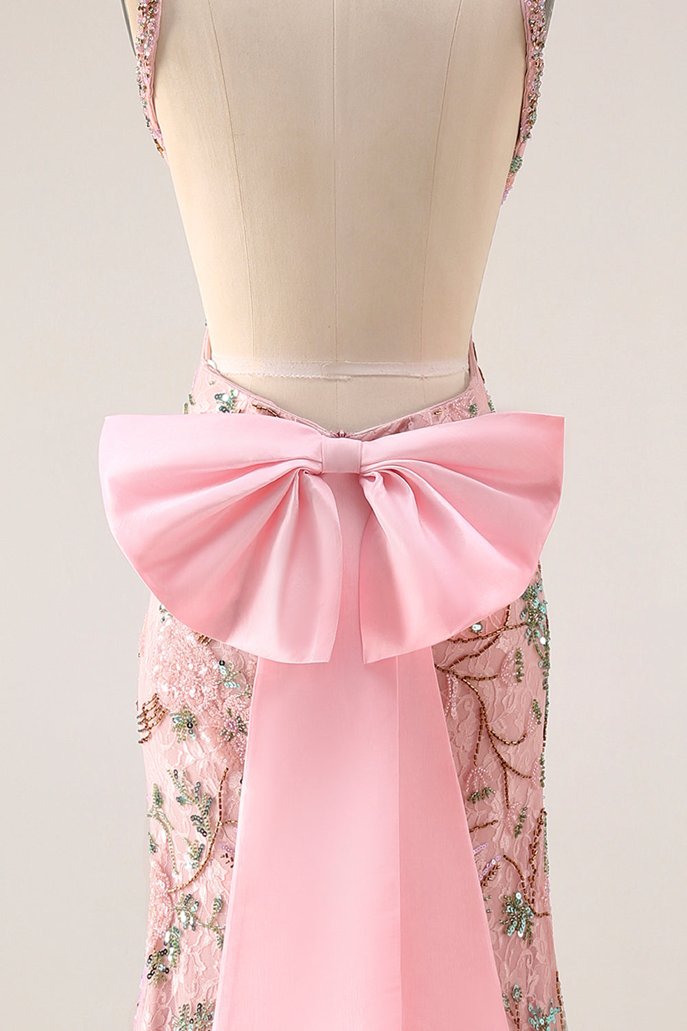 Fitted Beaded Open Back Sequins Long Floral Prom Dress with  Detachable Bow
