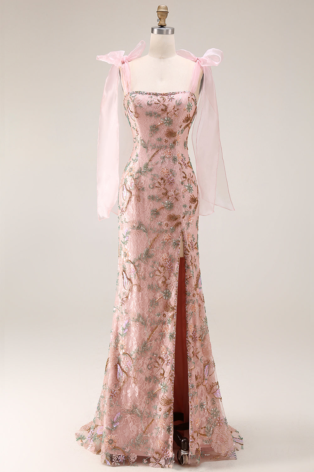 Fitted Beaded Sequin Floral Long Prom Dress with Bows on Shoulders