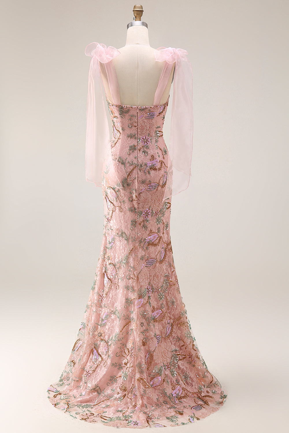 Fitted Beaded Sequin Floral Long Prom Dress with Bows on Shoulders