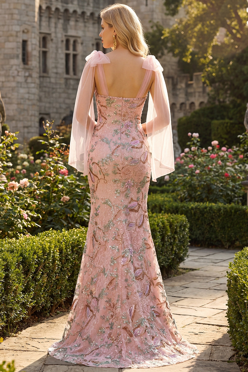Fitted Beaded Sequin Floral Long Prom Dress with Bows on Shoulders