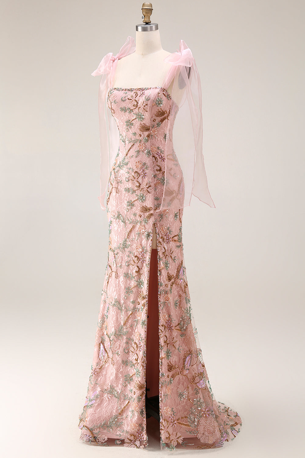 Fitted Beaded Sequin Floral Long Prom Dress with Bows on Shoulders