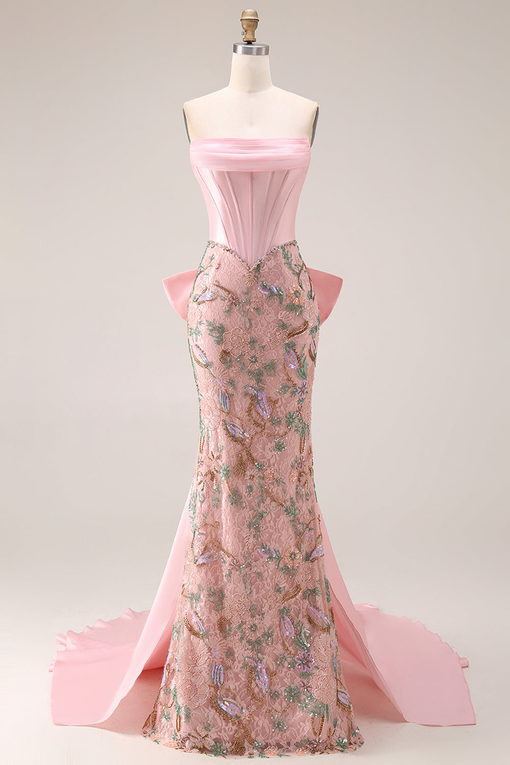 Sparkly Pink Appliqued Basque Waist Mermaid Long Prom Dress with Bowknot