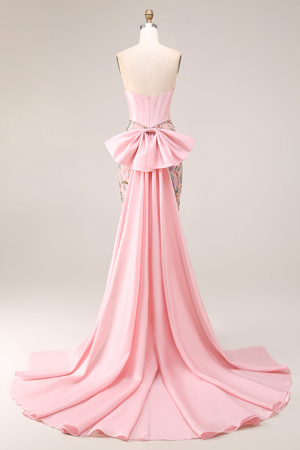 Sparkly Pink Appliqued Basque Waist Mermaid Long Prom Dress with Bowknot