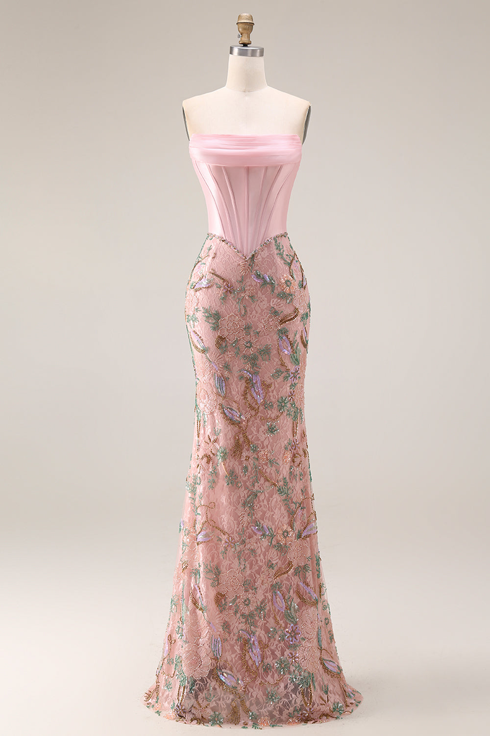 Sparkly Pink Appliqued Basque Waist Mermaid Long Prom Dress with Bowknot