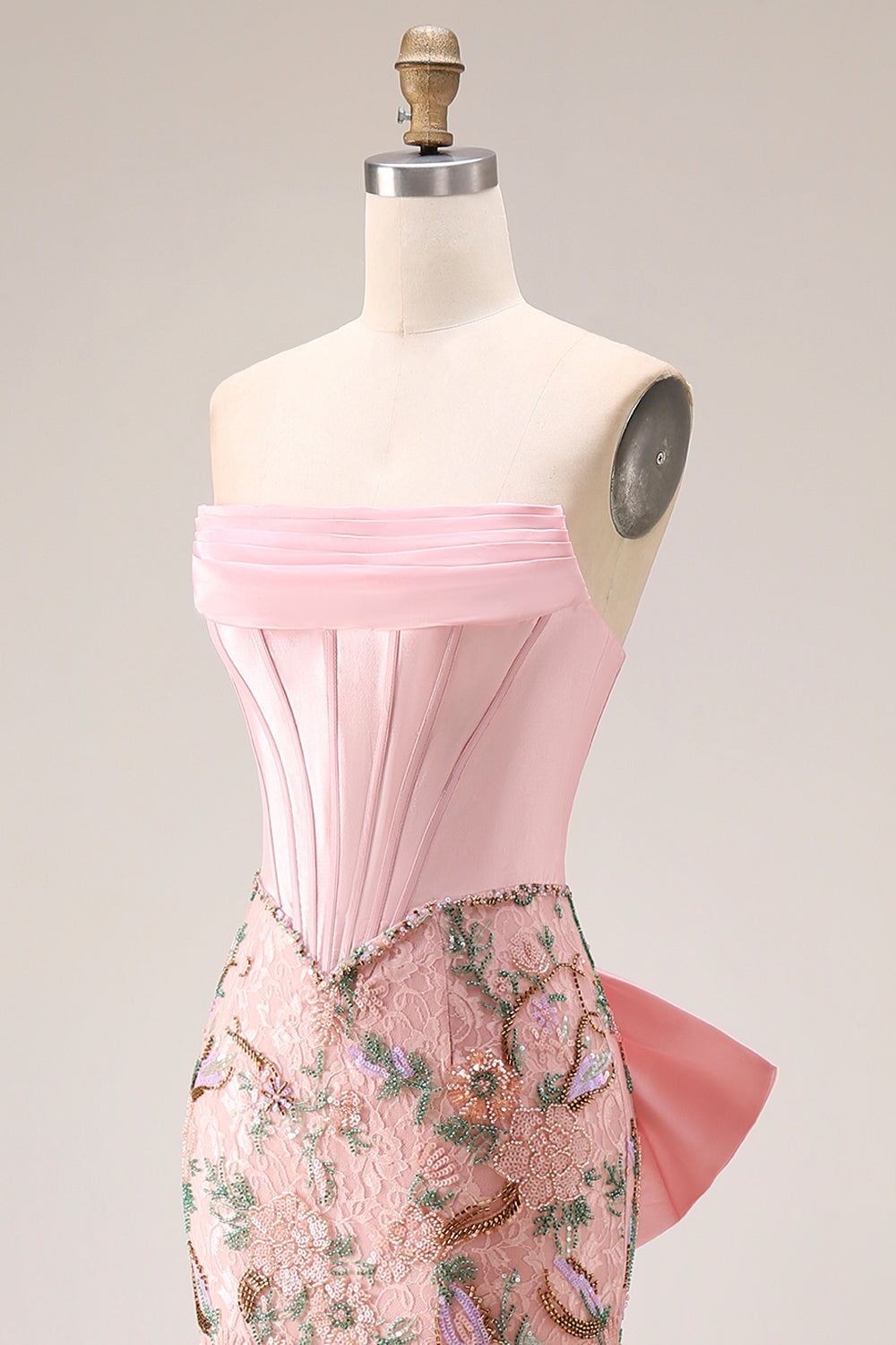 Sparkly Pink Appliqued Basque Waist Mermaid Long Prom Dress with Bowknot