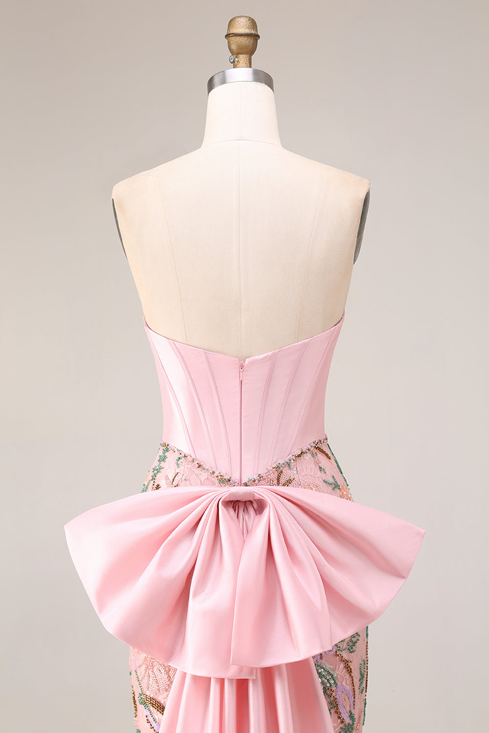 Sparkly Pink Appliqued Basque Waist Mermaid Long Prom Dress with Bowknot