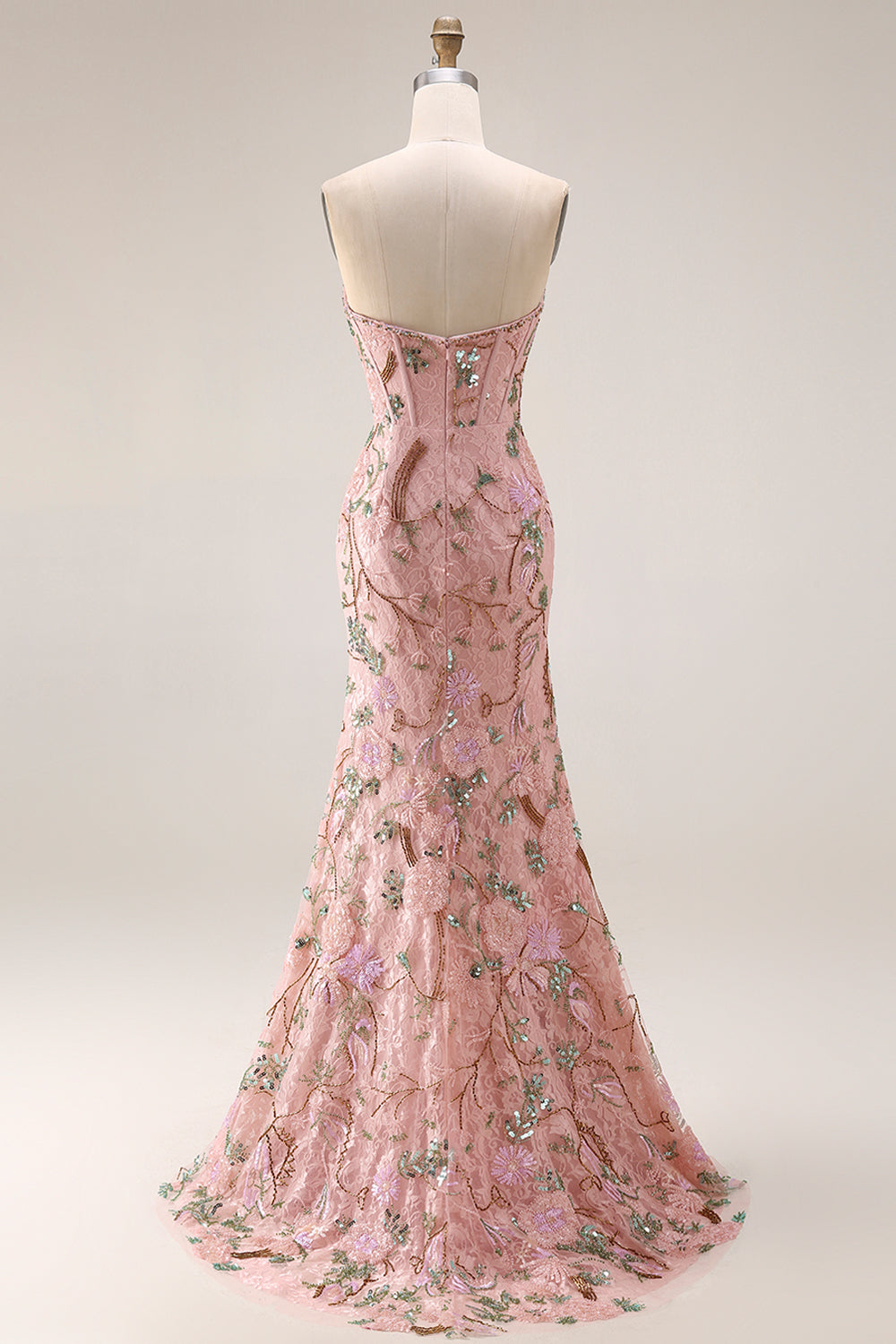 Strapless Floral Beaded Corset Bodice Fitted Long Prom Dress with Skirt Slit