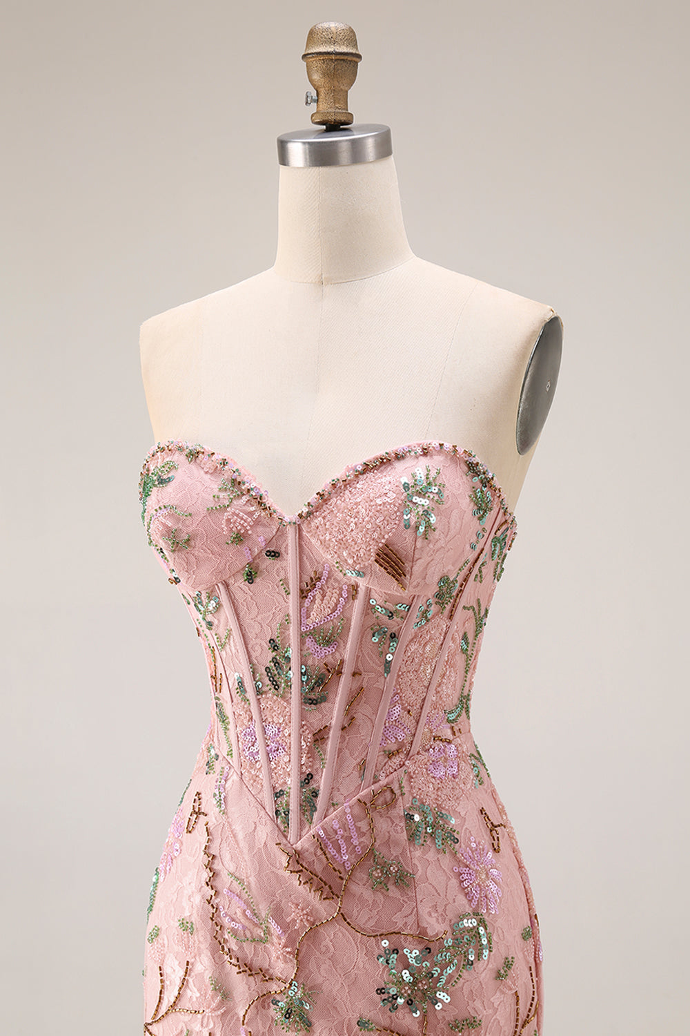 Strapless Floral Beaded Corset Bodice Fitted Long Prom Dress with Skirt Slit