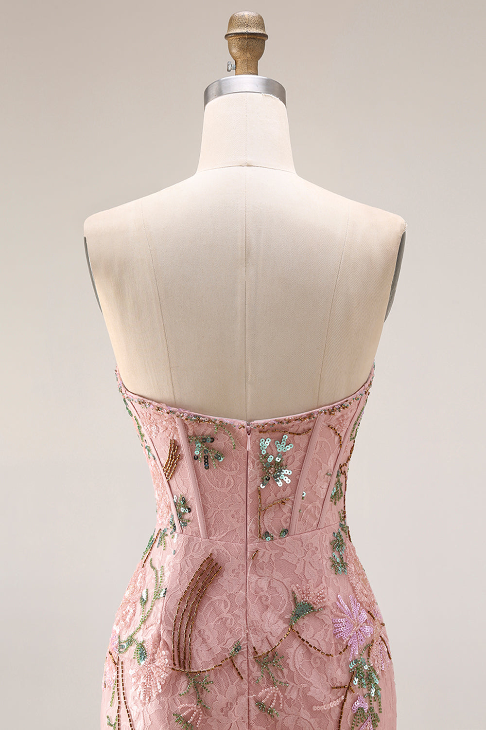 Strapless Floral Beaded Corset Bodice Fitted Long Prom Dress with Skirt Slit