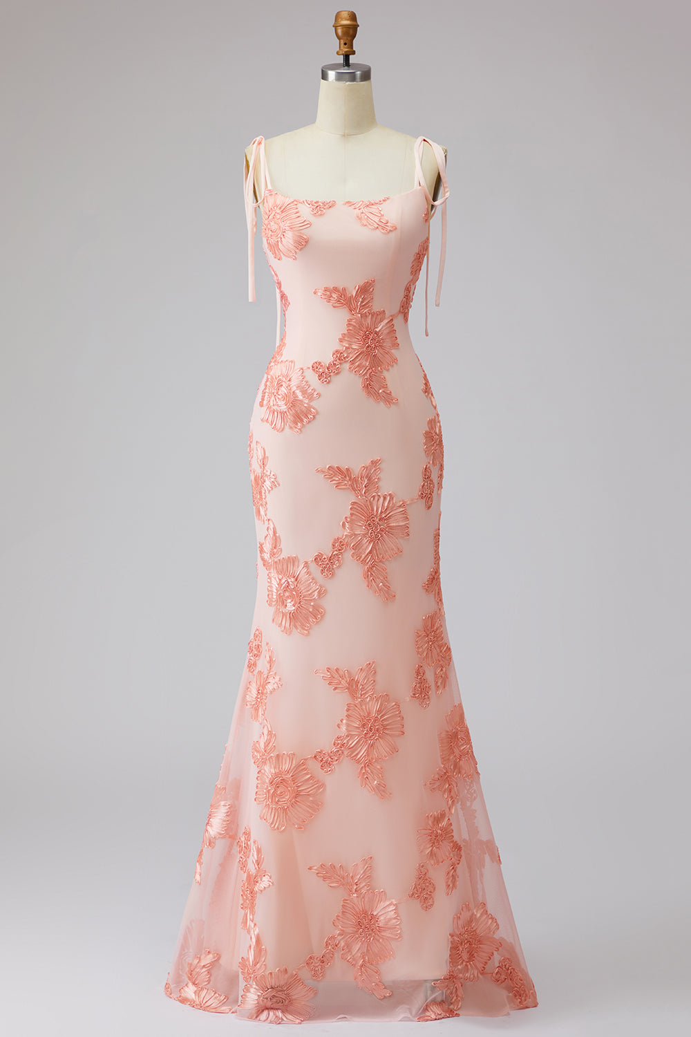 Light Blue Spaghetti Strap Mermaid Maxi Dress with Floral Embroidery