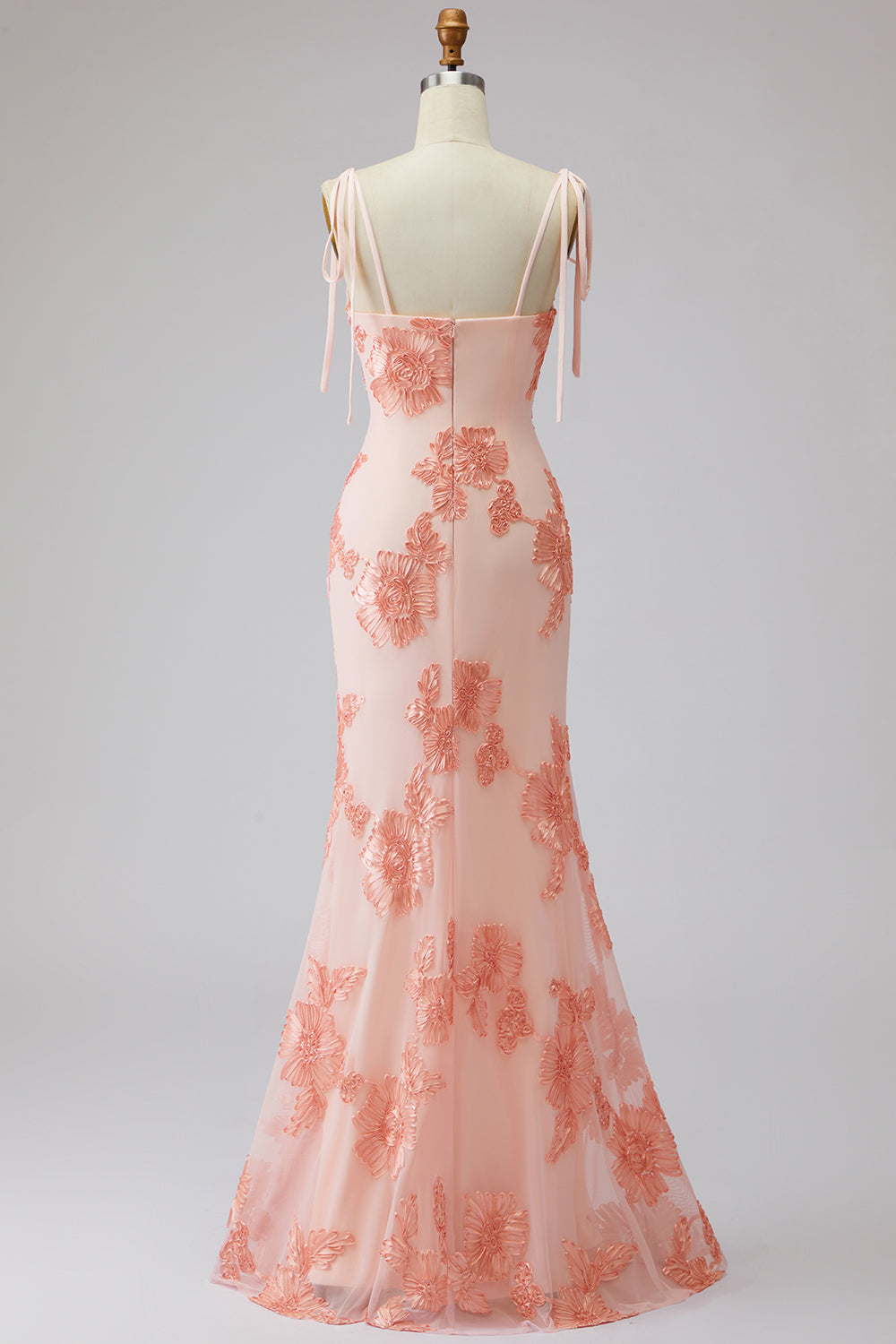 Light Blue Spaghetti Strap Mermaid Maxi Dress with Floral Embroidery