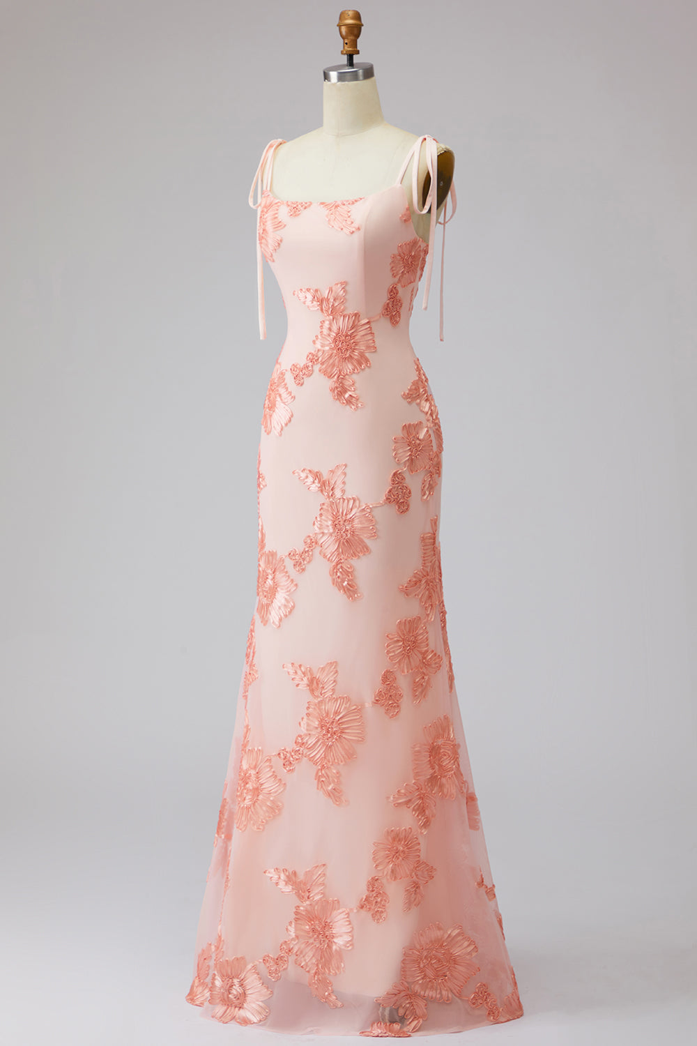 Light Blue Spaghetti Strap Mermaid Maxi Dress with Floral Embroidery