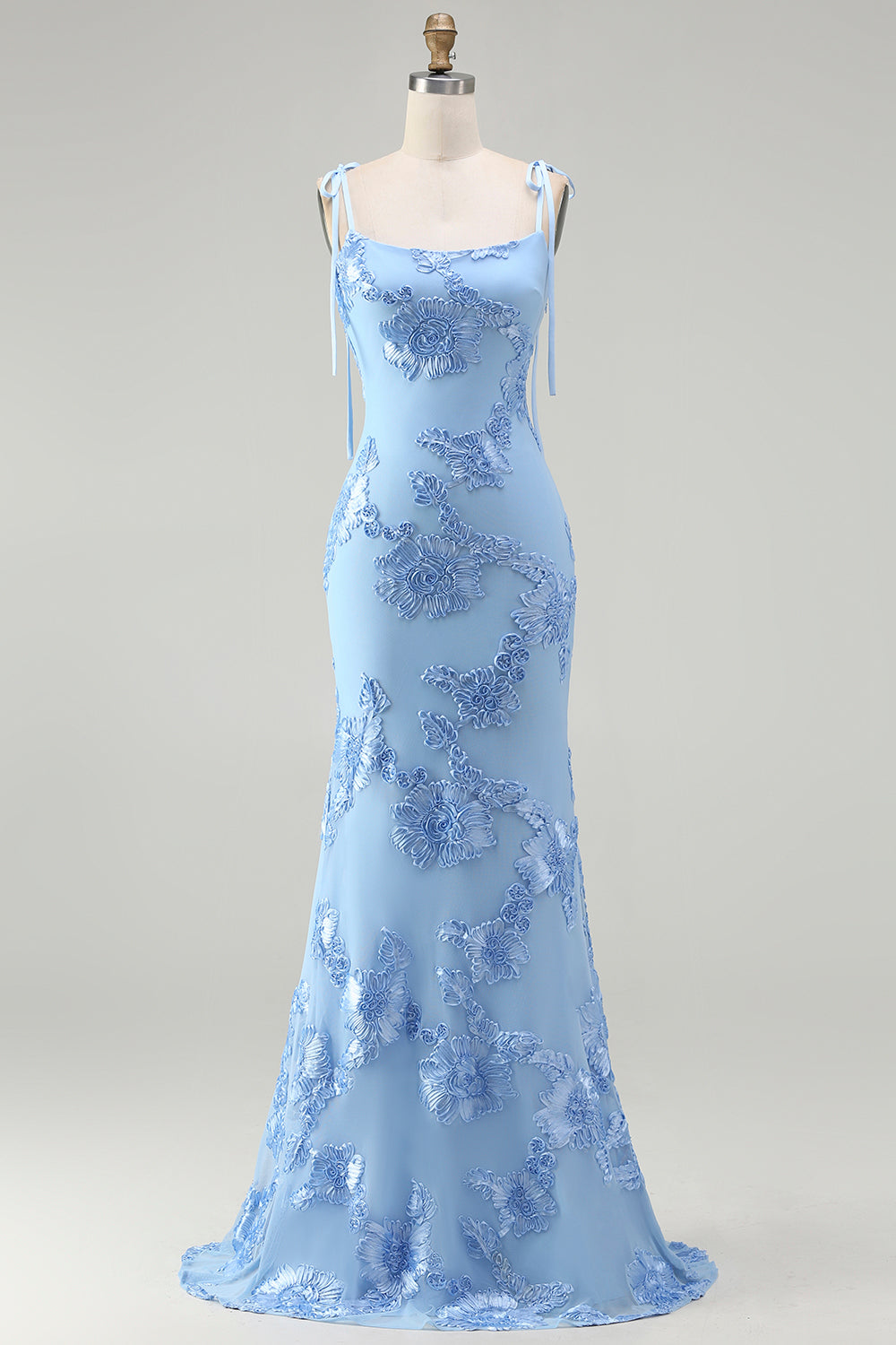 Light Blue Spaghetti Strap Mermaid Maxi Dress with Floral Embroidery