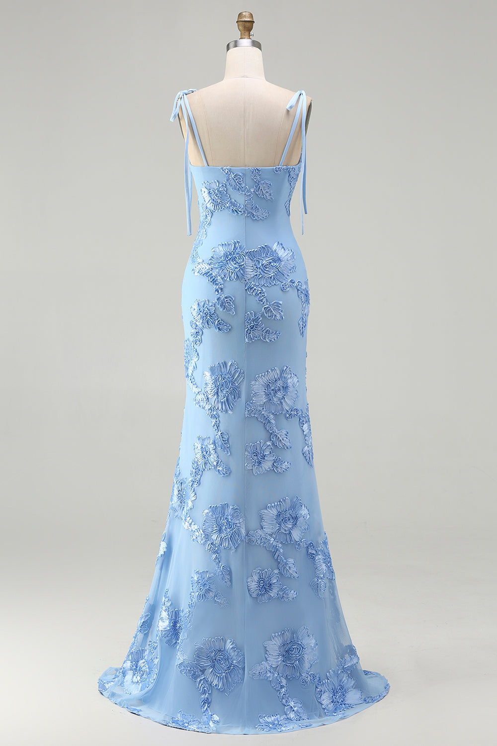 Light Blue Spaghetti Strap Mermaid Maxi Dress with Floral Embroidery