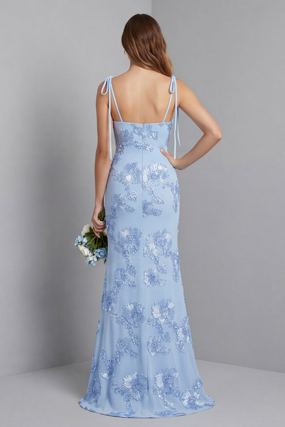 Light Blue Spaghetti Strap Mermaid Maxi Dress with Floral Embroidery