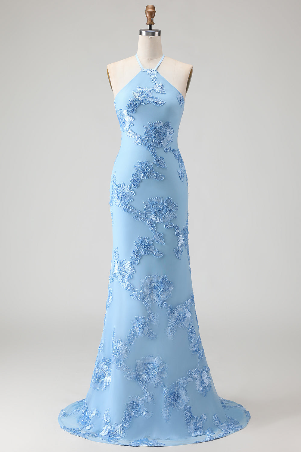 Robe longue de bal bleu clair sirène dos nu avec broderie florale