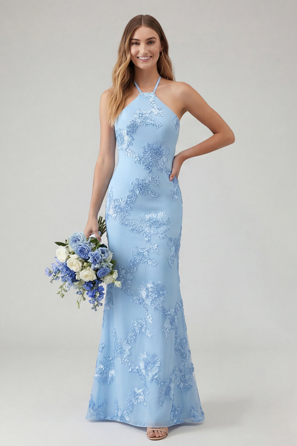 Robe longue de bal bleu clair sirène dos nu avec broderie florale