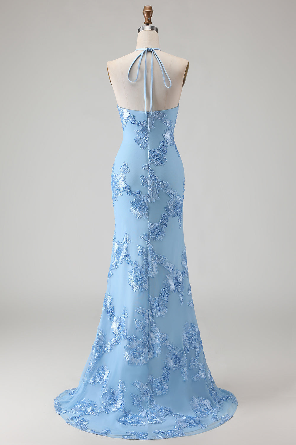 Robe longue de bal bleu clair sirène dos nu avec broderie florale