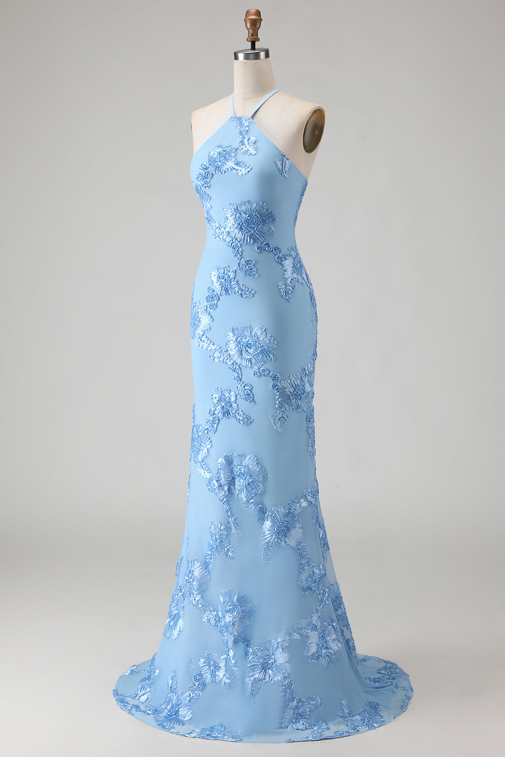 Robe longue de bal bleu clair sirène dos nu avec broderie florale