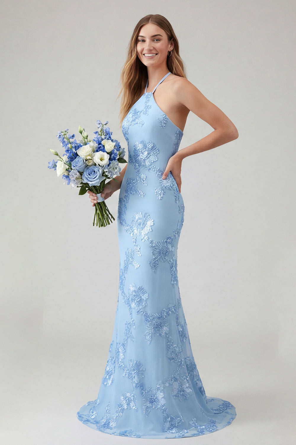 Robe longue de bal bleu clair sirène dos nu avec broderie florale