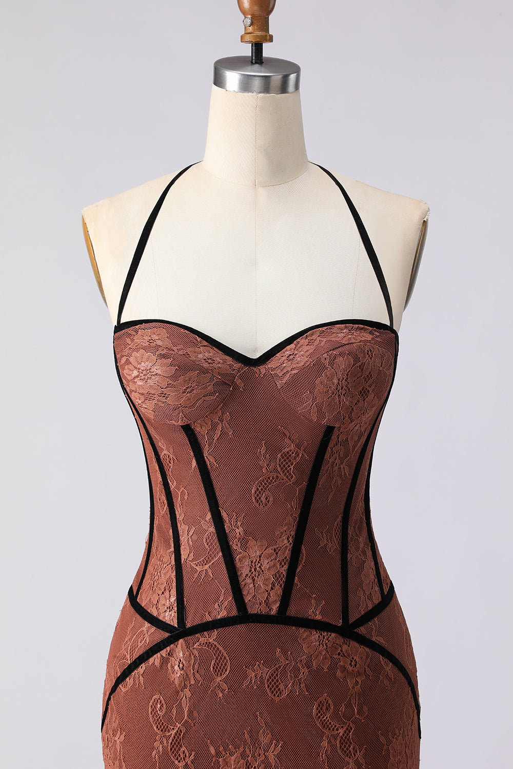 Halter Mermaid Brown Long Prom Dress with Lace
