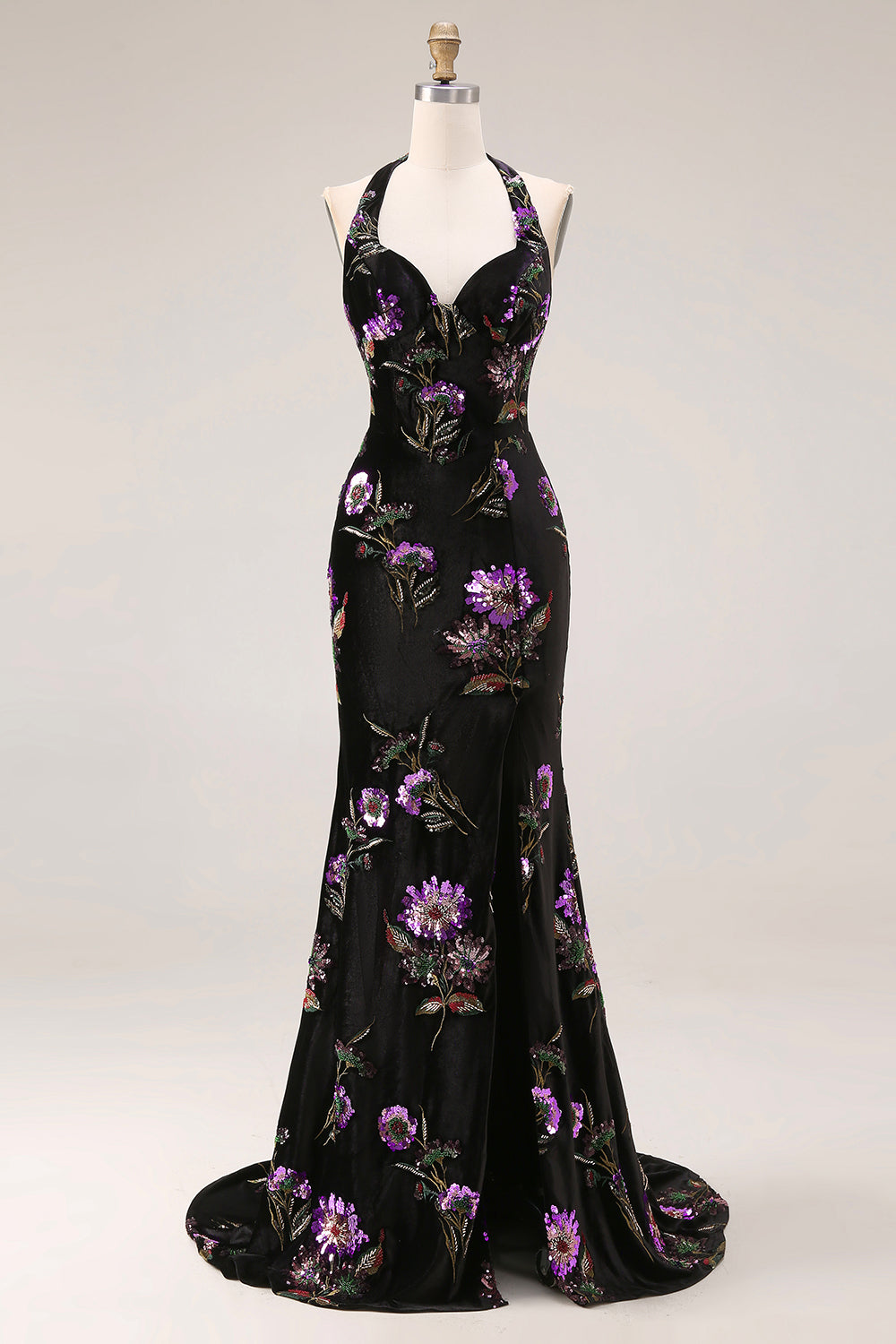 Mermaid Black Velvet Halter Embroidered Sequin Long Prom Dress with Slit