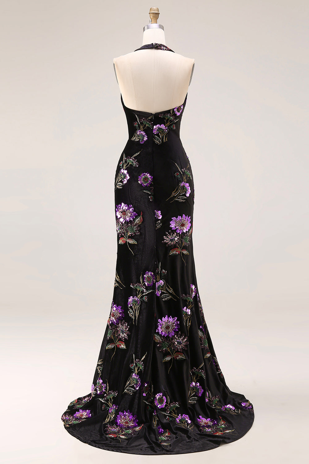 Mermaid Black Velvet Halter Embroidered Sequin Long Prom Dress with Slit