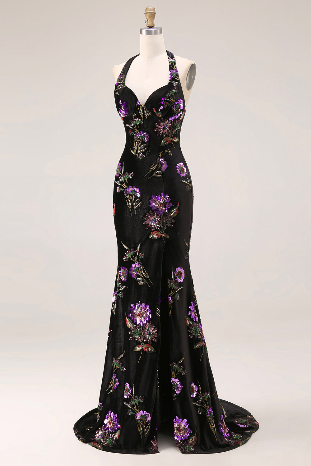 Mermaid Black Velvet Halter Embroidered Sequin Long Prom Dress with Slit