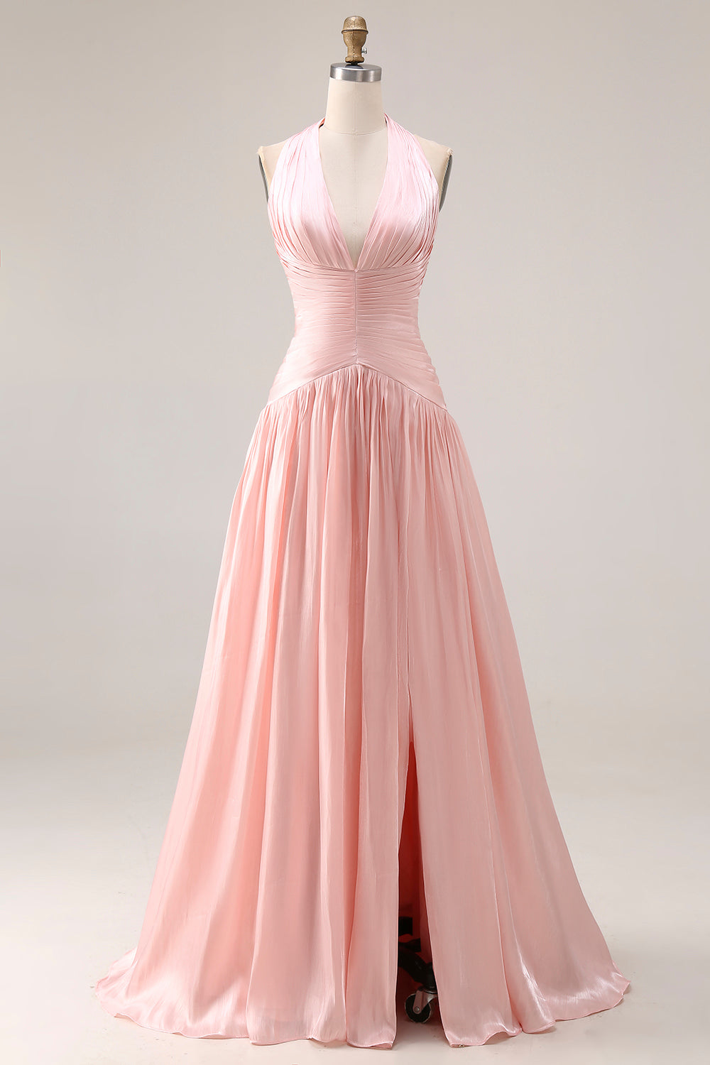 Halter Blush Pink A-Line Pleated Long Prom Dress with Slit