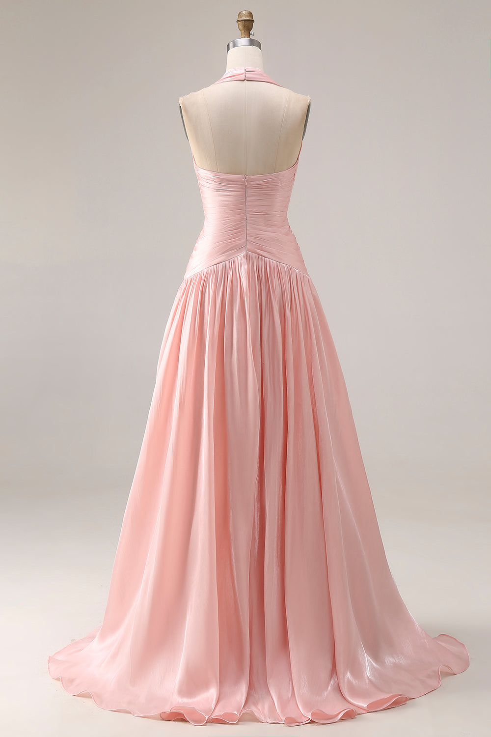 Halter Blush Pink A-Line Pleated Long Prom Dress with Slit