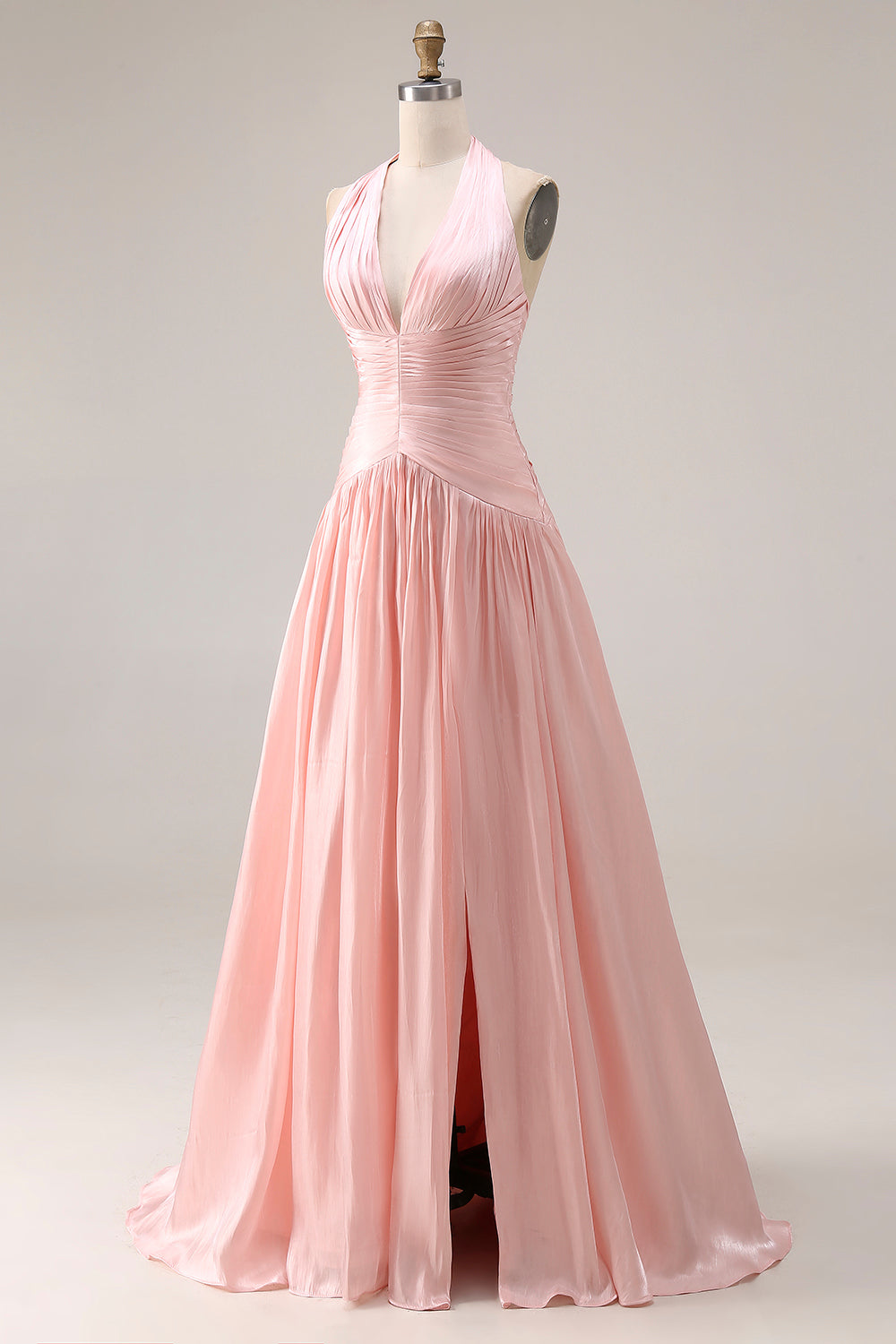 Halter Blush Pink A-Line Pleated Long Prom Dress with Slit