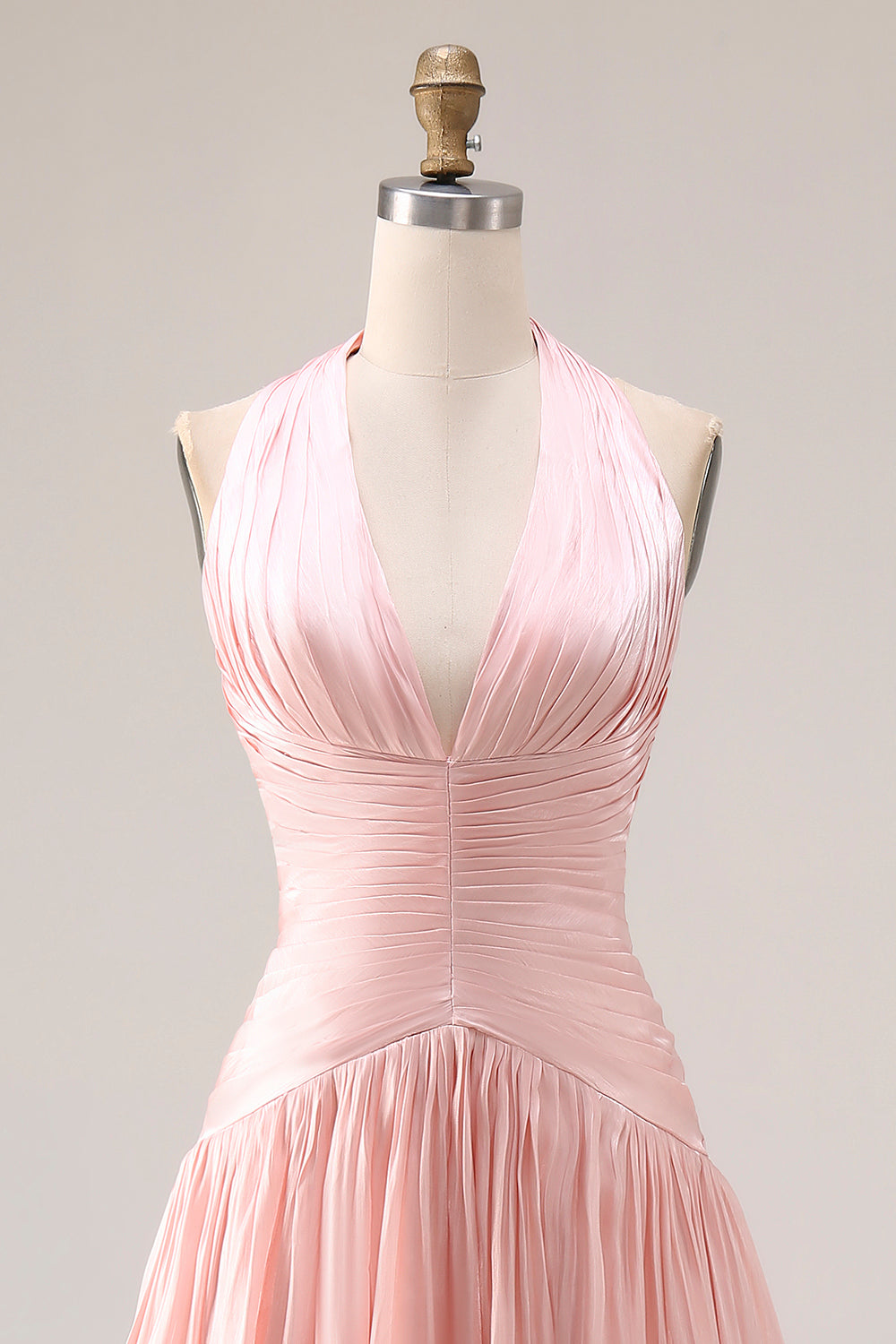 Halter Blush Pink A-Line Pleated Long Prom Dress with Slit